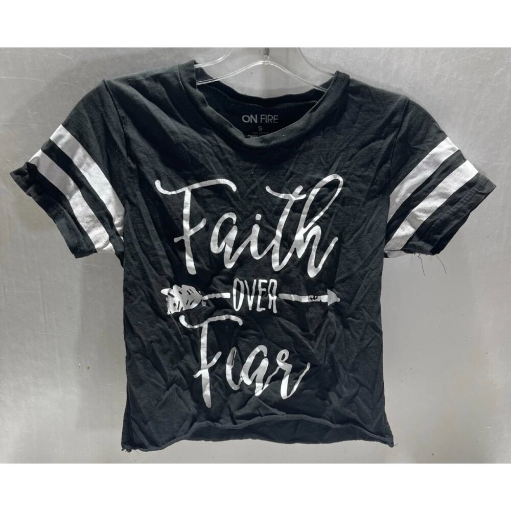 On Fire Black Crop Top With White Graphic "Faith Over Fear" Junior's Size Small